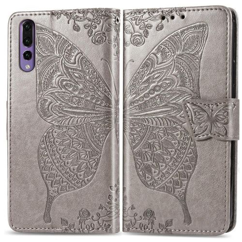 Huawei P20 Pro Coque, Saturcase Papillon Gaufrage Pu Cuir Magnétique Flip Portefeuille Support Porte-Carte Protecteur Coque Housse Étui Avec Dragonne Pour Huawei P20 Pro (Gris)