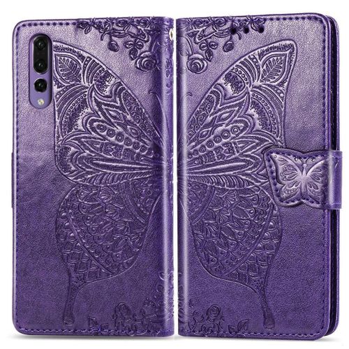 Huawei P20 Pro Coque, Saturcase Papillon Gaufrage Pu Cuir Magnétique Flip Portefeuille Support Porte-Carte Protecteur Coque Housse Étui Avec Dragonne Pour Huawei P20 Pro (Violet)