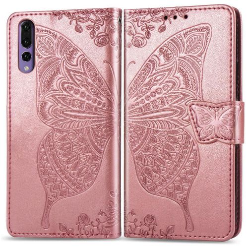 Huawei P20 Pro Coque, Saturcase Papillon Gaufrage Pu Cuir Magnétique Flip Portefeuille Support Porte-Carte Protecteur Coque Housse Étui Avec Dragonne Pour Huawei P20 Pro (Or Rose)