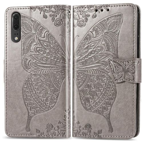 Huawei P20 Coque, Saturcase Papillon Gaufrage Pu Cuir Magnétique Flip Portefeuille Support Porte-Carte Protecteur Coque Housse Étui Avec Dragonne Pour Huawei P20 (Gris)