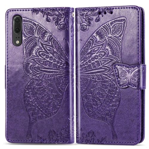 Huawei P20 Coque, Saturcase Papillon Gaufrage Pu Cuir Magnétique Flip Portefeuille Support Porte-Carte Protecteur Coque Housse Étui Avec Dragonne Pour Huawei P20 (Violet)