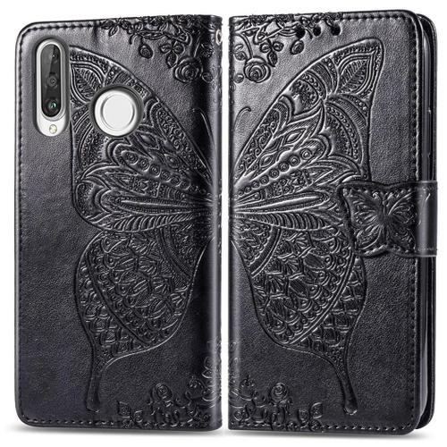 Huawei P30 Lite Coque, Saturcase Papillon Gaufrage Pu Cuir Magnétique Flip Portefeuille Support Porte-Carte Protecteur Coque Housse Étui Avec Dragonne Pour Huawei P30 Lite (Noir)