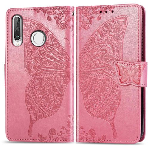 Huawei P30 Lite Coque, Saturcase Papillon Gaufrage Pu Cuir Magnétique Flip Portefeuille Support Porte-Carte Protecteur Coque Housse Étui Avec Dragonne Pour Huawei P30 Lite (Rose)