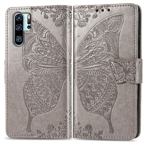 Huawei P30 Pro Coque, Saturcase Papillon Gaufrage Pu Cuir Magnétique Flip Portefeuille Support Porte-Carte Protecteur Coque Housse Étui Avec Dragonne Pour Huawei P30 Pro (Gris)
