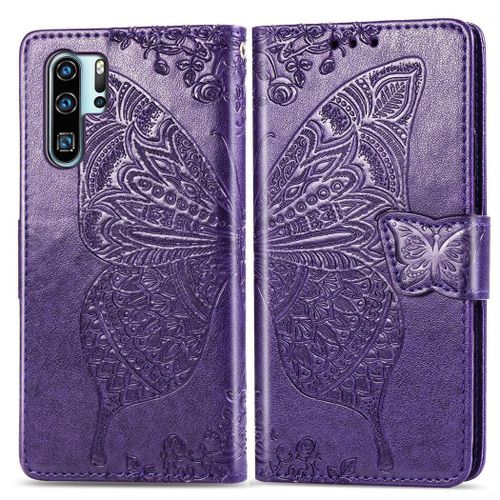Huawei P30 Pro Coque, Saturcase Papillon Gaufrage Pu Cuir Magnétique Flip Portefeuille Support Porte-Carte Protecteur Coque Housse Étui Avec Dragonne Pour Huawei P30 Pro (Violet)