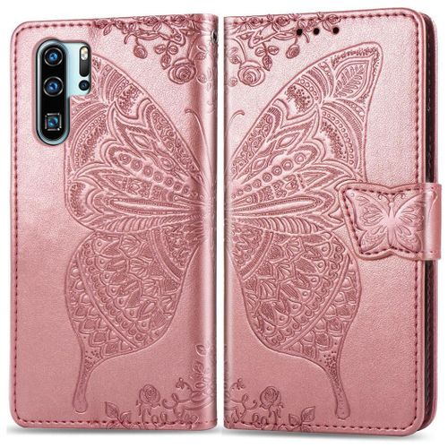 Huawei P30 Pro Coque, Saturcase Papillon Gaufrage Pu Cuir Magnétique Flip Portefeuille Support Porte-Carte Protecteur Coque Housse Étui Avec Dragonne Pour Huawei P30 Pro (Or Rose)