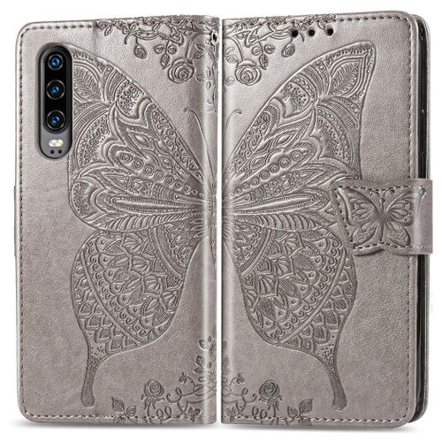 Huawei P30 Coque, Saturcase Papillon Gaufrage Pu Cuir Magnétique Flip Portefeuille Support Porte-Carte Protecteur Coque Housse Étui Avec Dragonne Pour Huawei P30 (Gris)
