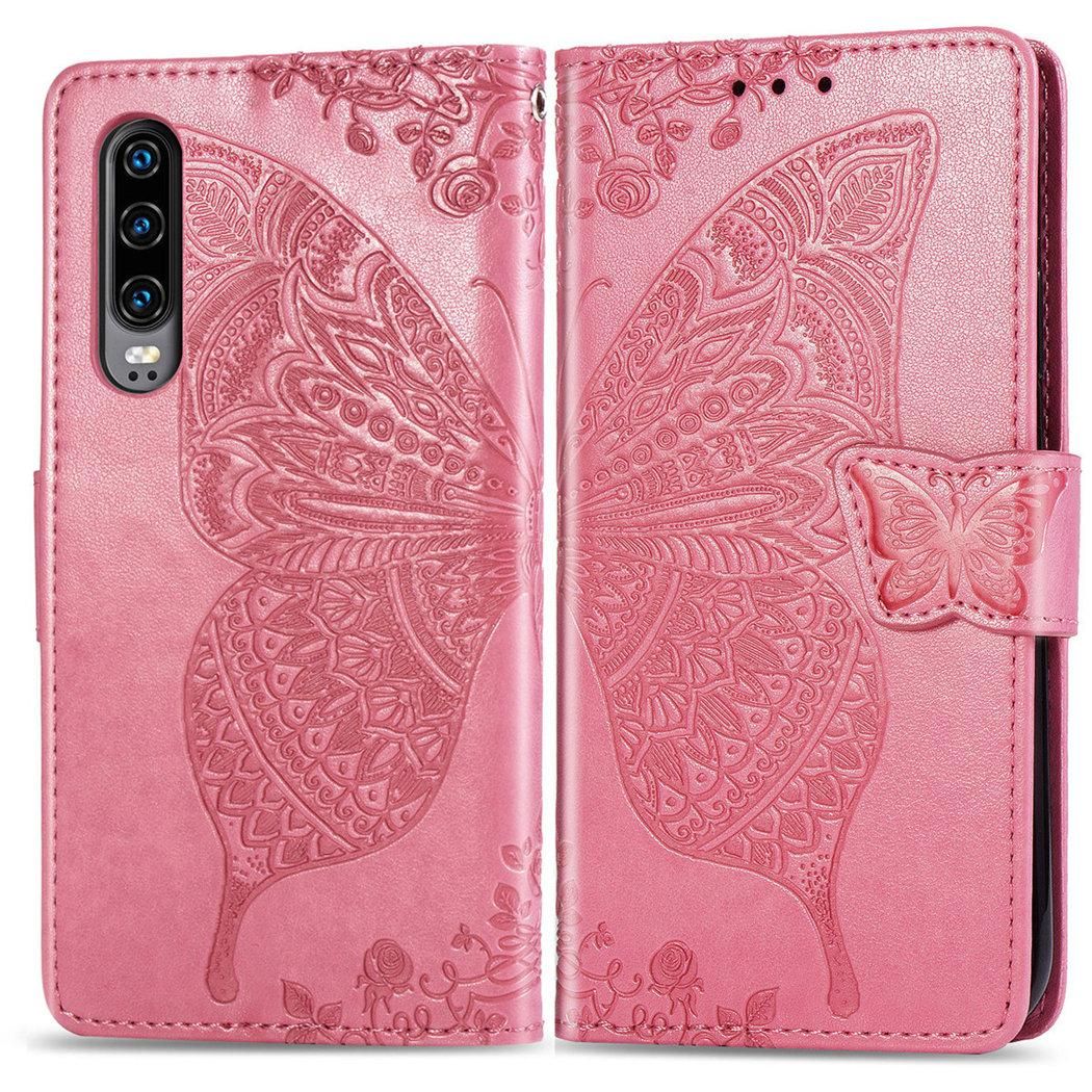 Huawei P30 Coque, Saturcase Papillon Gaufrage Pu Cuir Magnétique Flip Portefeuille Support Porte-Carte Protecteur Coque Housse Étui Avec Dragonne Pour Huawei P30 (Rose)