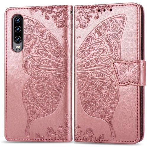 Huawei P30 Coque, Saturcase Papillon Gaufrage Pu Cuir Magnétique Flip Portefeuille Support Porte-Carte Protecteur Coque Housse Étui Avec Dragonne Pour Huawei P30 (Or Rose)