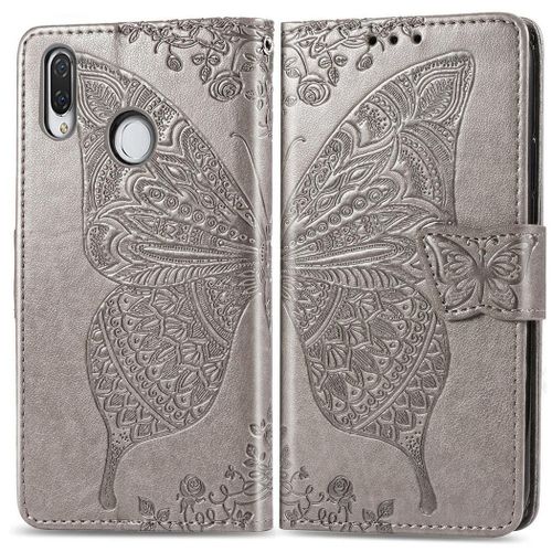 Huawei Y7 2019 Coque, Saturcase Papillon Gaufrage Pu Cuir Magnétique Flip Portefeuille Support Porte-Carte Protecteur Coque Housse Étui Avec Dragonne Pour Huawei Y7 2019 / Y7 Prime 2019 (Gris)