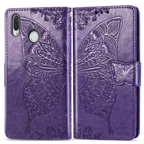 Huawei Y7 2019 Coque, Saturcase Papillon Gaufrage Pu Cuir Magnétique Flip Portefeuille Support Porte-Carte Protecteur Coque Housse Étui Avec Dragonne Pour Huawei Y7 2019 / Y7 Prime 2019 (Violet)