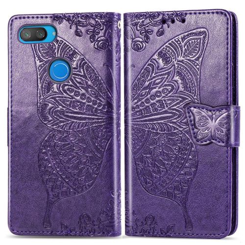 Xiaomi Mi 8 Lite Coque, Saturcase Papillon Gaufrage Pu Cuir Magnétique Flip Portefeuille Support Porte-Carte Protecteur Coque Housse Étui Avec Dragonne Pour Xiaomi Mi 8 Lite (Violet)
