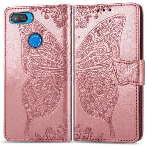 Xiaomi Mi 8 Lite Coque, Saturcase Papillon Gaufrage Pu Cuir Magnétique Flip Portefeuille Support Porte-Carte Protecteur Coque Housse Étui Avec Dragonne Pour Xiaomi Mi 8 Lite (Or Rose)