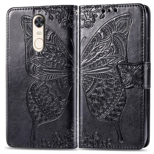 Xiaomi Redmi 5 Coque, Saturcase Papillon Gaufrage Pu Cuir Magnétique Flip Portefeuille Support Porte-Carte Protecteur Coque Housse Étui Avec Dragonne Pour Xiaomi Redmi 5 (Noir)