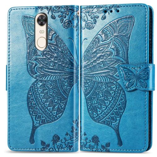 Xiaomi Redmi 5 Coque, Saturcase Papillon Gaufrage Pu Cuir Magnétique Flip Portefeuille Support Porte-Carte Protecteur Coque Housse Étui Avec Dragonne Pour Xiaomi Redmi 5 (Bleu)