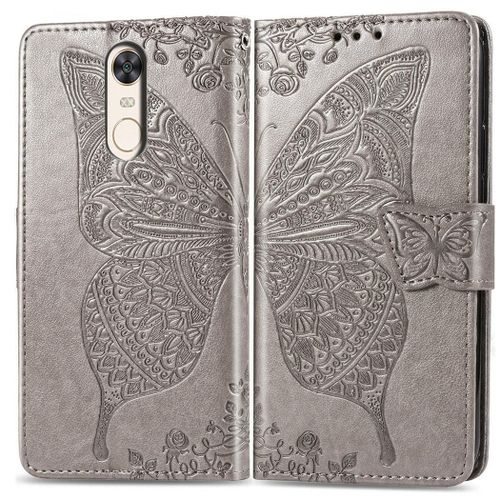 Xiaomi Redmi 5 Coque, Saturcase Papillon Gaufrage Pu Cuir Magnétique Flip Portefeuille Support Porte-Carte Protecteur Coque Housse Étui Avec Dragonne Pour Xiaomi Redmi 5 (Gris)