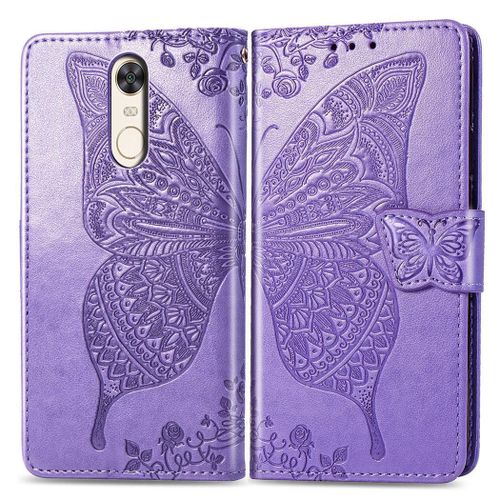 Xiaomi Redmi 5 Coque, Saturcase Papillon Gaufrage Pu Cuir Magnétique Flip Portefeuille Support Porte-Carte Protecteur Coque Housse Étui Avec Dragonne Pour Xiaomi Redmi 5 (Lavande)