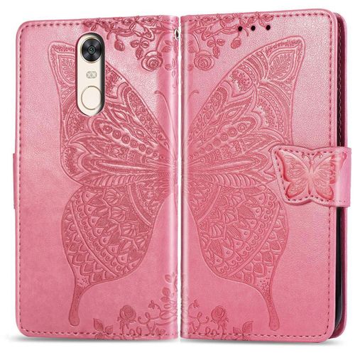 Xiaomi Redmi 5 Coque, Saturcase Papillon Gaufrage Pu Cuir Magnétique Flip Portefeuille Support Porte-Carte Protecteur Coque Housse Étui Avec Dragonne Pour Xiaomi Redmi 5 (Rose)