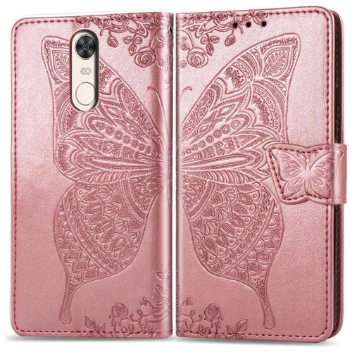 Xiaomi Redmi 5 Coque, Saturcase Papillon Gaufrage Pu Cuir Magnétique Flip Portefeuille Support Porte-Carte Protecteur Coque Housse Étui Avec Dragonne Pour Xiaomi Redmi 5 (Or Rose)