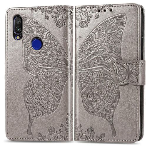 Xiaomi Redmi 7 Coque, Saturcase Papillon Gaufrage Pu Cuir Magnétique Flip Portefeuille Support Porte-Carte Protecteur Coque Housse Étui Avec Dragonne Pour Xiaomi Redmi 7 (Gris)