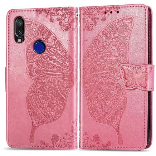 Xiaomi Redmi 7 Coque, Saturcase Papillon Gaufrage Pu Cuir Magnétique Flip Portefeuille Support Porte-Carte Protecteur Coque Housse Étui Avec Dragonne Pour Xiaomi Redmi 7 (Rose)