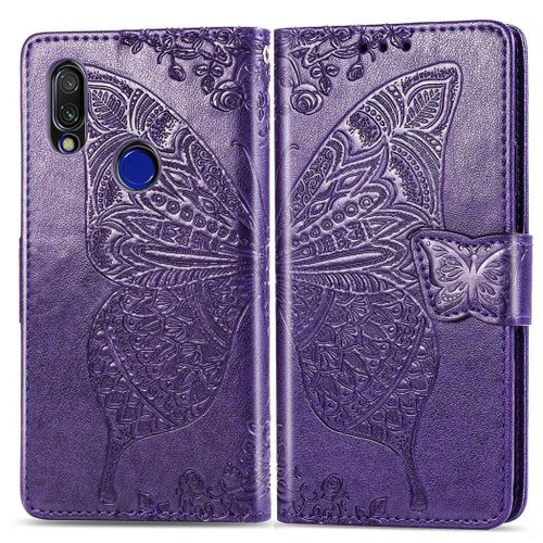 Xiaomi Redmi 7 Coque, Saturcase Papillon Gaufrage Pu Cuir Magnétique Flip Portefeuille Support Porte-Carte Protecteur Coque Housse Étui Avec Dragonne Pour Xiaomi Redmi 7 (Violet)