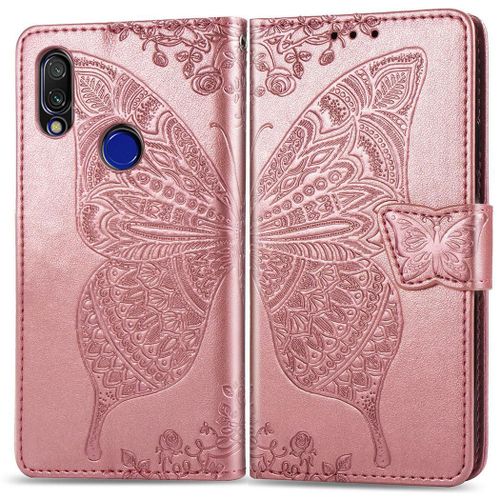 Xiaomi Redmi 7 Coque, Saturcase Papillon Gaufrage Pu Cuir Magnétique Flip Portefeuille Support Porte-Carte Protecteur Coque Housse Étui Avec Dragonne Pour Xiaomi Redmi 7 (Or Rose)