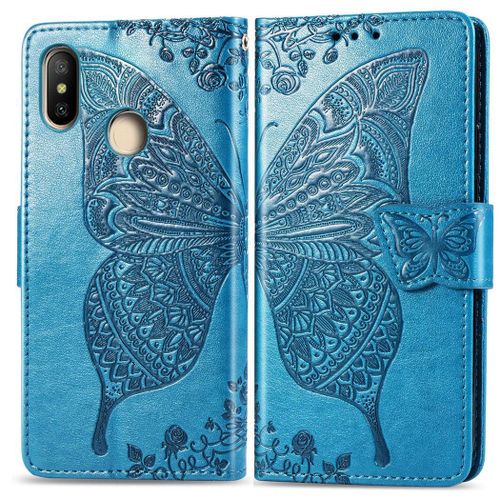 Xiaomi Redmi Note 5 Coque, Saturcase Papillon Gaufrage Pu Cuir Magnétique Flip Portefeuille Support Porte-Carte Protecteur Coque Housse Étui Avec Dragonne Pour Xiaomi Redmi Note 5 (Bleu)