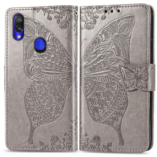Xiaomi Redmi Note 7 Coque, Saturcase Papillon Gaufrage Pu Cuir Magnétique Flip Portefeuille Support Porte-Carte Protecteur Coque Housse Étui Avec Dragonne Pour Xiaomi Redmi Note 7 (Gris)