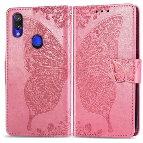 Xiaomi Redmi Note 7 Coque, Saturcase Papillon Gaufrage Pu Cuir Magnétique Flip Portefeuille Support Porte-Carte Protecteur Coque Housse Étui Avec Dragonne Pour Xiaomi Redmi Note 7 (Rose)