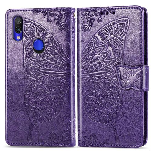 Xiaomi Redmi Note 7 Coque, Saturcase Papillon Gaufrage Pu Cuir Magnétique Flip Portefeuille Support Porte-Carte Protecteur Coque Housse Étui Avec Dragonne Pour Xiaomi Redmi Note 7 (Violet)