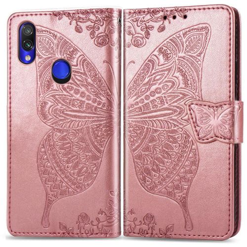 Xiaomi Redmi Note 7 Coque, Saturcase Papillon Gaufrage Pu Cuir Magnétique Flip Portefeuille Support Porte-Carte Protecteur Coque Housse Étui Avec Dragonne Pour Xiaomi Redmi Note 7 (Or Rose)