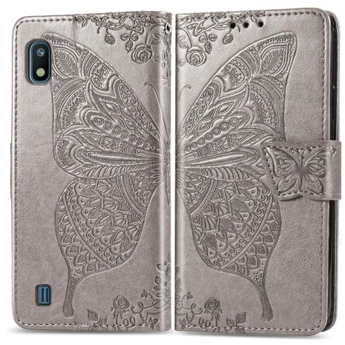 Samsung Galaxy A10 / M10 Coque, Saturcase Papillon Gaufrage Pu Cuir Magnétique Flip Portefeuille Support Porte-Carte Protecteur Coque Housse Étui Avec Dragonne Pour Samsung Galaxy A10 / M10 (Gris)