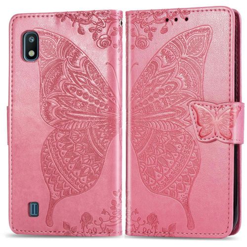 Samsung Galaxy A10 / M10 Coque, Saturcase Papillon Gaufrage Pu Cuir Magnétique Flip Portefeuille Support Porte-Carte Protecteur Coque Housse Étui Avec Dragonne Pour Samsung Galaxy A10 / M10 (Rose)