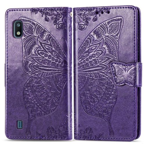 Samsung Galaxy A10 / M10 Coque, Saturcase Papillon Gaufrage Pu Cuir Magnétique Flip Portefeuille Support Porte-Carte Protecteur Coque Housse Étui Avec Dragonne Pour Samsung Galaxy A10 / M10 (Violet)