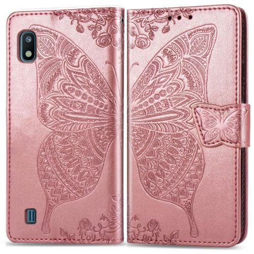 Samsung Galaxy A10 / M10 Coque, Saturcase Papillon Gaufrage Pu Cuir Magnétique Flip Portefeuille Support Porte-Carte Protecteur Coque Housse Étui Avec Dragonne Pour Samsung Galaxy A10 / M10 (Or Rose)