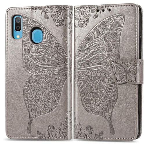 Samsung Galaxy A20 / A30 Coque, Saturcase Papillon Gaufrage Pu Cuir Magnétique Flip Portefeuille Support Porte-Carte Protecteur Coque Housse Étui Avec Dragonne Pour Samsung Galaxy A20 / A30 (Gris)