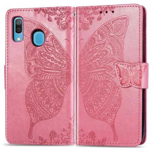 Samsung Galaxy A20 / A30 Coque, Saturcase Papillon Gaufrage Pu Cuir Magnétique Flip Portefeuille Support Porte-Carte Protecteur Coque Housse Étui Avec Dragonne Pour Samsung Galaxy A20 / A30 (Rose)