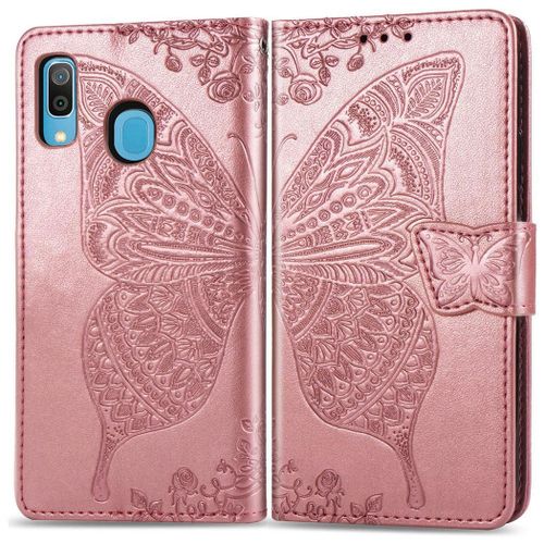 Samsung Galaxy A20 / A30 Coque, Saturcase Papillon Gaufrage Pu Cuir Magnétique Flip Portefeuille Support Porte-Carte Protecteur Coque Housse Étui Avec Dragonne Pour Samsung Galaxy A20 / A30 (Or Rose)