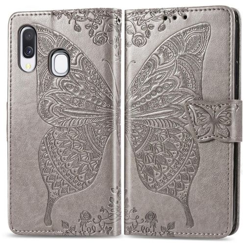 Samsung Galaxy A40 Coque, Saturcase Papillon Gaufrage Pu Cuir Magnétique Flip Portefeuille Support Porte-Carte Protecteur Coque Housse Étui Avec Dragonne Pour Samsung Galaxy A40 (Gris)