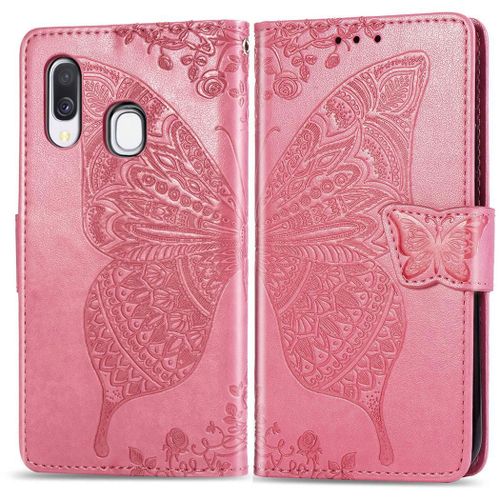 Samsung Galaxy A40 Coque, Saturcase Papillon Gaufrage Pu Cuir Magnétique Flip Portefeuille Support Porte-Carte Protecteur Coque Housse Étui Avec Dragonne Pour Samsung Galaxy A40 (Rose)