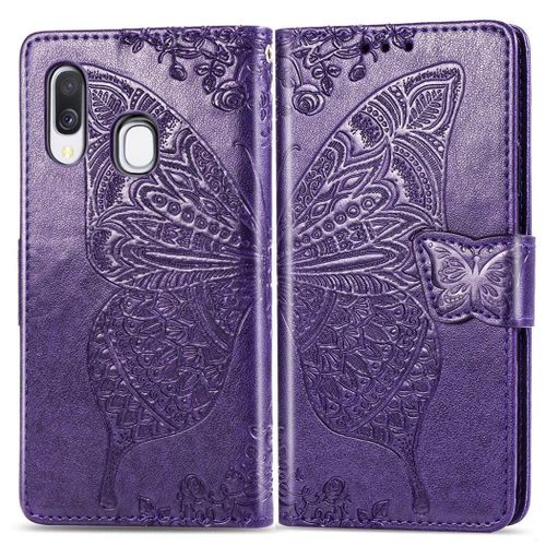 Samsung Galaxy A40 Coque, Saturcase Papillon Gaufrage Pu Cuir Magnétique Flip Portefeuille Support Porte-Carte Protecteur Coque Housse Étui Avec Dragonne Pour Samsung Galaxy A40 (Violet)