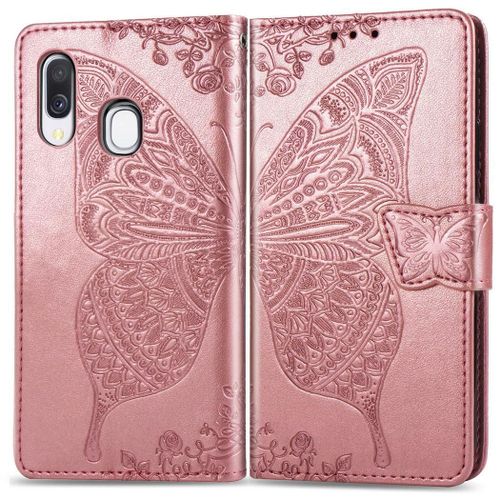 Samsung Galaxy A40 Coque, Saturcase Papillon Gaufrage Pu Cuir Magnétique Flip Portefeuille Support Porte-Carte Protecteur Coque Housse Étui Avec Dragonne Pour Samsung Galaxy A40 (Or Rose)