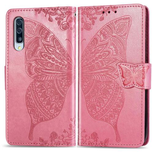 Samsung Galaxy A50 Coque, Saturcase Papillon Gaufrage Pu Cuir Magnétique Flip Portefeuille Support Porte-Carte Protecteur Coque Housse Étui Avec Dragonne Pour Samsung Galaxy A50 (Rose)