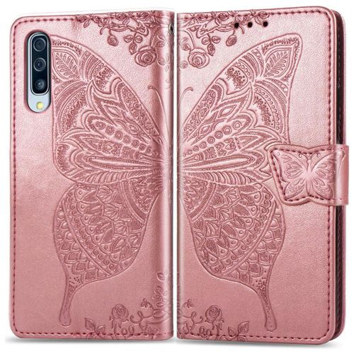 Samsung Galaxy A50 Coque, Saturcase Papillon Gaufrage Pu Cuir Magnétique Flip Portefeuille Support Porte-Carte Protecteur Coque Housse Étui Avec Dragonne Pour Samsung Galaxy A50 (Or Rose)