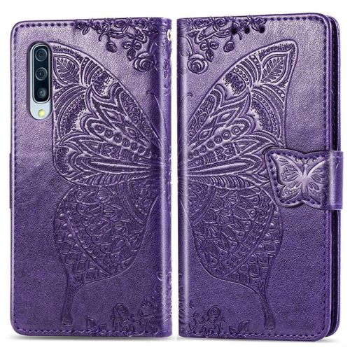 Samsung Galaxy A70 Coque, Saturcase Papillon Gaufrage Pu Cuir Magnétique Flip Portefeuille Support Porte-Carte Protecteur Coque Housse Étui Avec Dragonne Pour Samsung Galaxy A70 (Violet)