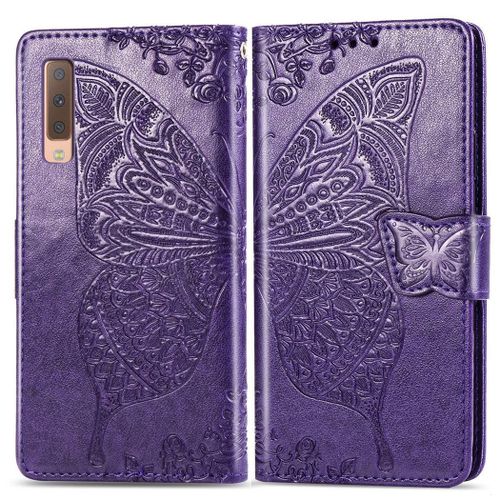Samsung Galaxy A7 2018 Coque, Saturcase Papillon Gaufrage Pu Cuir Magnétique Flip Portefeuille Support Porte-Carte Protecteur Coque Housse Étui Avec Dragonne Pour Samsung Galaxy A7 2018 (Violet)