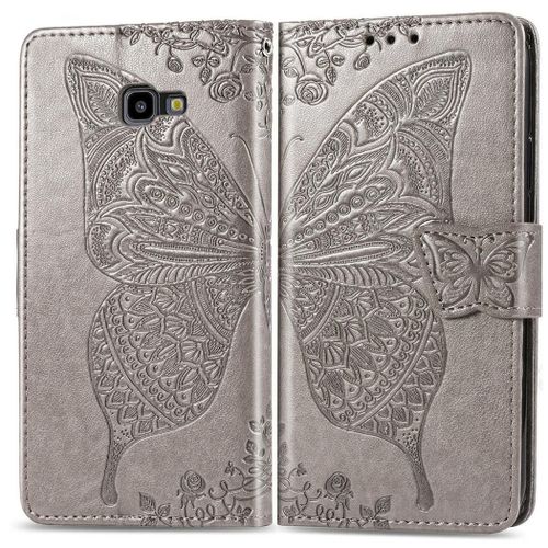 Samsung Galaxy J4 Plus 2018 Coque, Saturcase Papillon Pu Cuir Magnétique Flip Portefeuille Support Porte-Carte Protecteur Coque Housse Étui Avec Dragonne Pour Samsung Galaxy J4 Plus 2018 (Gris)