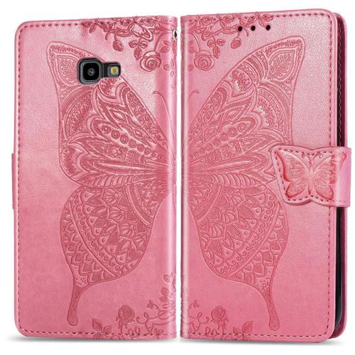 Samsung Galaxy J4 Plus 2018 Coque, Saturcase Papillon Pu Cuir Magnétique Flip Portefeuille Support Porte-Carte Protecteur Coque Housse Étui Avec Dragonne Pour Samsung Galaxy J4 Plus 2018 (Rose)