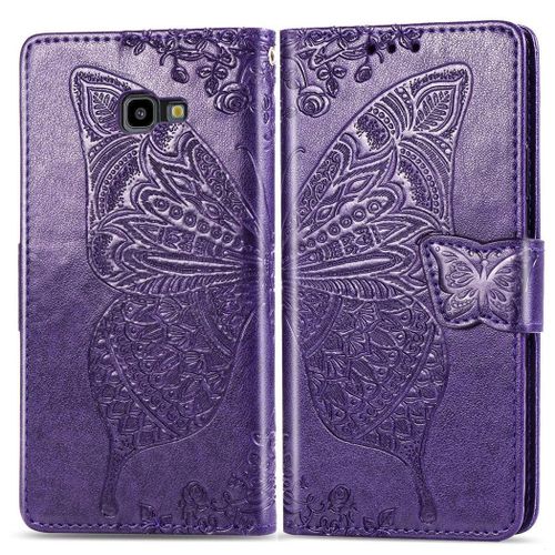 Samsung Galaxy J4 Plus 2018 Coque, Saturcase Papillon Pu Cuir Magnétique Flip Portefeuille Support Porte-Carte Protecteur Coque Housse Étui Avec Dragonne Pour Samsung Galaxy J4 Plus 2018 (Violet)